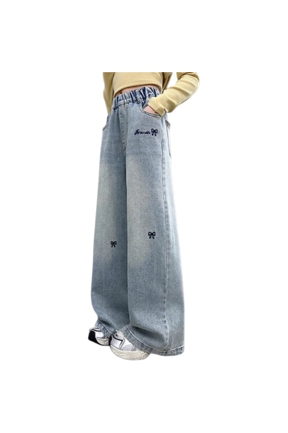 Coerni Baggy Jeans for Girls Wide Leg Ripped High Elastic Waisted Denim Pants Cute Bowknot Summer Trousers Girlfriend Y2k Streetwear