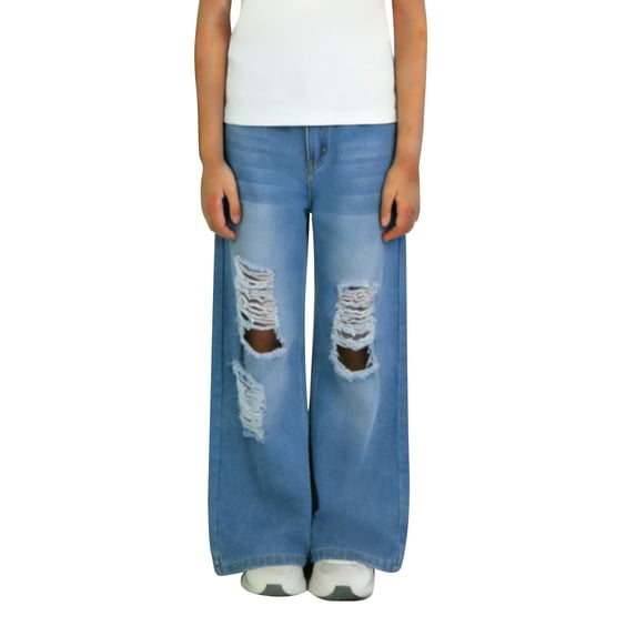 Coerni Baggy Jeans for Girls Wide Leg Ripped High Elastic Waisted Denim Pants Cute Summer Bottoms Kids Clothing Y2K School Outfits