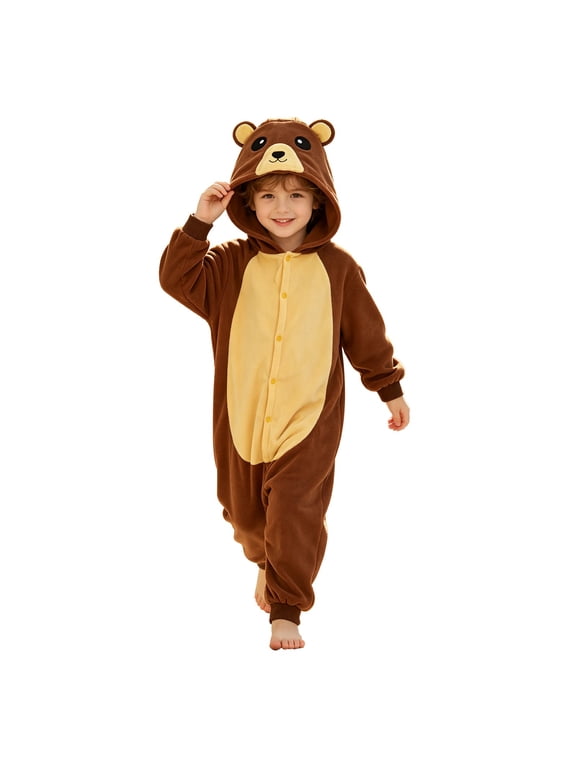 Coerni Bear Onesie for Kids Halloween Animal Dress-Up Hooded Rompers Boys & Girls Fall Winter Warm Flannel Loungewear