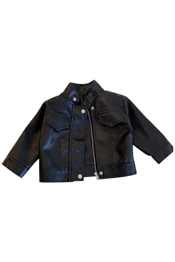 Coerni Black Leather Jacket for Girls Boys Stand Collar Full Zip Soft Faux Leather Coat Todlder Kids Fall Winter Trendy Bomber Jacket
