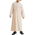 thumbnail image 1 of Coerni Boy's Muslim Arab Solid Color Thobe Long Sleeve Kaftan Embroidered Robe Isl𝐚mic Arabic Abaya Round Necktie Thobe, 1 of 8