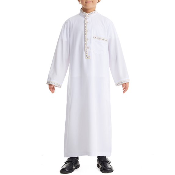 Coerni Boy's Muslim Arab Solid Color Thobe Long Sleeve Kaftan Embroidered Robe Isl𝐚mic Arabic Abaya Round Necktie Thobe