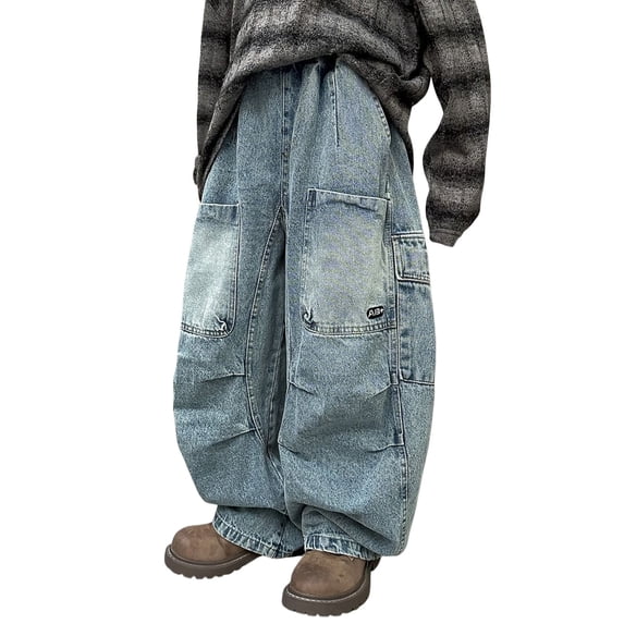 Coerni Boys Baggy Cargo Jeans Oversized Patch Pockets Y2K Wide Leg Denim Pants Vintage Washed Denim Teen Trendy Cool Grunge Streetwear