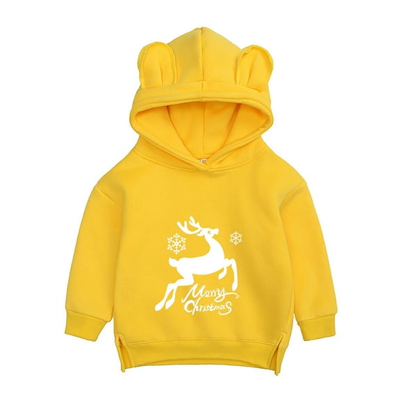 Coerni Boys Christmas Bear Ear Hoodie Pullover Girls Deer Merry Christmas Print Hooded Sweaters Kids Thickened Sweatshirt