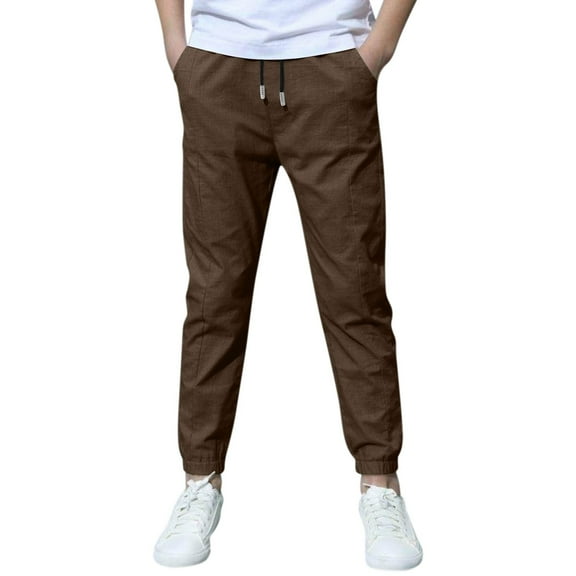 Coerni Boys Cotton Linen Pants Pull-on Sweatpants with Drawstring Elastic Waist Joggers Pants Girls Lightweight Breathable Clothes