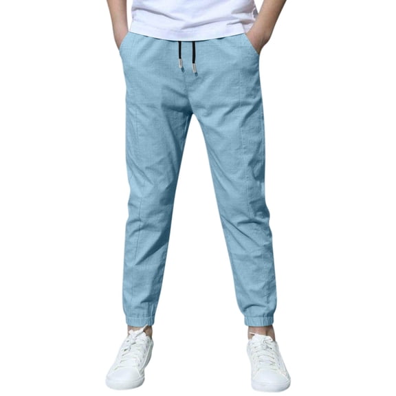 Coerni Boys Cotton Linen Pants Pull-on Sweatpants with Drawstring Elastic Waist Joggers Pants Girls Lightweight Breathable Clothes