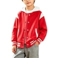 thumbnail image 1 of Coerni Boys Fleece Hooded Varsity Jacket Kids Color Block Button Down Baseball Coat Fall Winter Warm Handsome Streetwear Outerwear with Pockets, 1 of 5