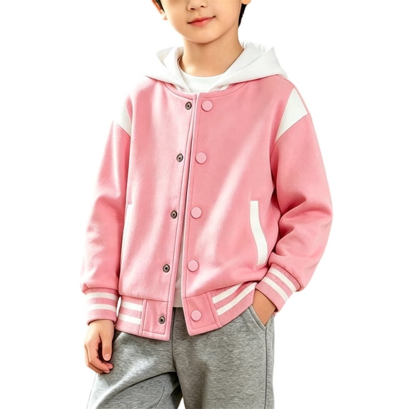 Coerni Boys Fleece Hooded Varsity Jacket Kids Color Block Button Down Baseball Coat Fall Winter Warm Handsome Streetwear Outerwear with Pockets