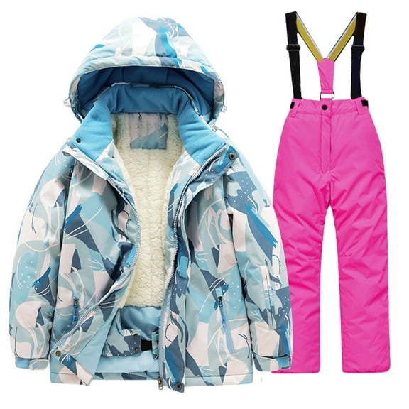 Coerni Boys Girls 2Pcs Outdoor Ski Suits Toddler Kids Windproof Thick Fleece Lined Hooded Jacket & Ski Bib Pants Sets