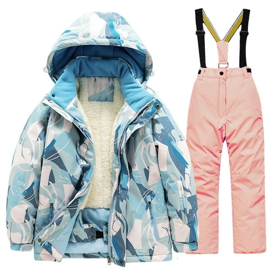 Coerni Boys Girls 2Pcs Outdoor Ski Suits Toddler Kids Windproof Thick Fleece Lined Hooded Jacket & Ski Bib Pants Sets