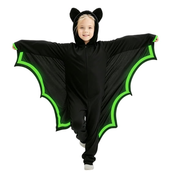 Coerni Boys Girls Bat Winged Onesie Plush Ears Hood Velvet Jumpsuit Glow in the Dark Spooky Bat Dress Up for Halloween Haunted House Adventures