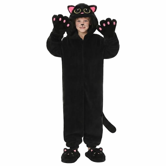 Coerni Boys Girls Black Cat Onesie Zip Up Hooded Jumpsuit with Pink Paw Gloves Cute Cat Ear Hood Halloween Christmas Party Dress Up for Kids