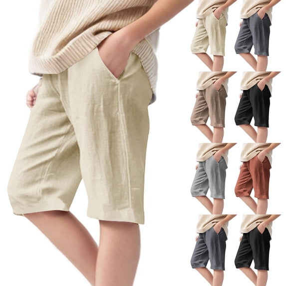 Coerni Boys Girls Cotton Linen Shorts Knee Length Kids High Waisted Shorts Plain Summer Joggers Elastic Waist Wide Leg