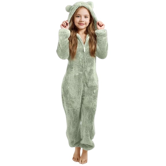 Coerni Boys Girls Fleece Onesie Warm Winter Sherpa Fleece Bed Jumpsuit Kids Plain Zip Up Long Sleeve Cute Bear Hooded Rompe𝐫