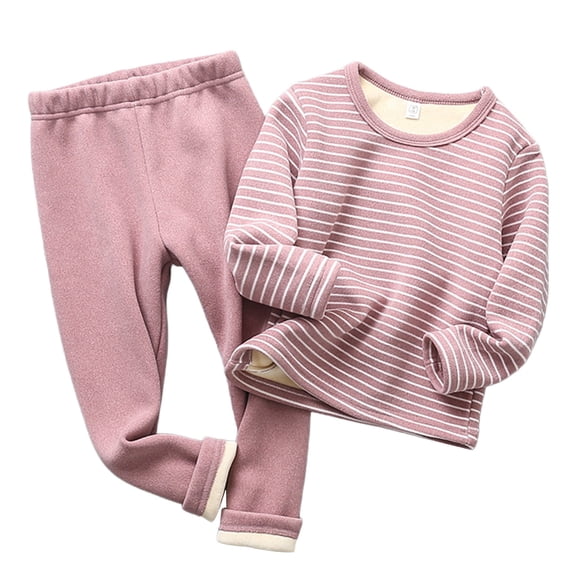 Coerni Boys Girls Fleece Thermal Underwear 2-Piece Striped Undergarments Sweatsuit Cotton Winter Base Layer Thick Sweatshirts