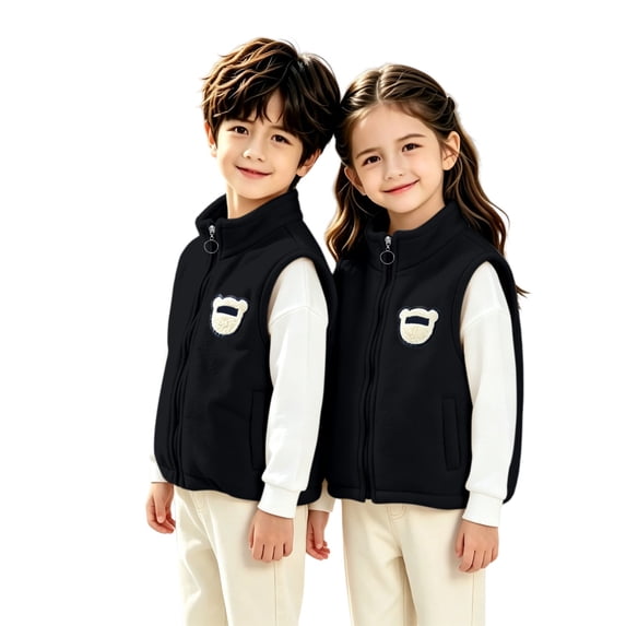 Coerni Boys Girls Polar Fleece Vest Full Zip Stand Collar Sleeveless Jacket Cute Bear Embroidery Fall Winter Cozy Soft Outerwear Layering