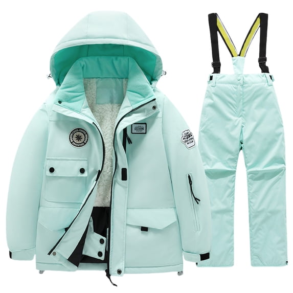 Coerni Boys Girls Thick Ski Suits Sets Outdoor Windproof Hooded Jacket Outwear with Bib Pants 2Pcs Outfits Fall Winter