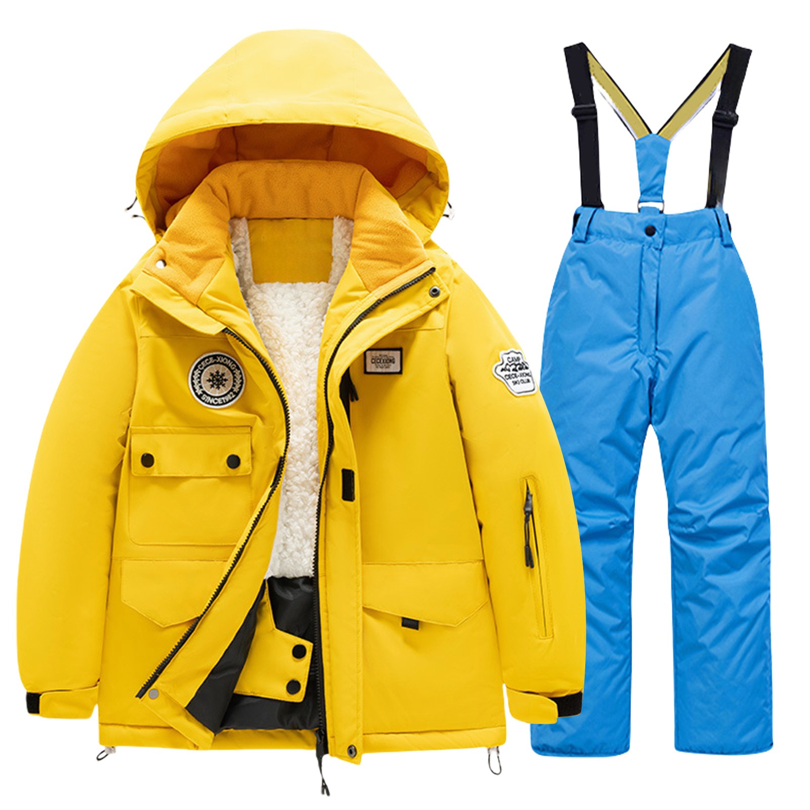 AJTQTH Kids Girls' Snowsuit - Water Resistant Winter Jacket And Ski Bib Overalls Casual Long Sleeve Hooded Warm Thick Coat And Snow Pants Two Piece Sherpa Fleece Lined Outfit Clothes Black 7-8Years