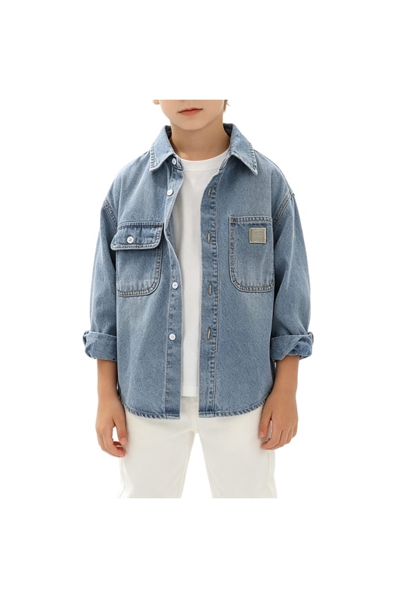 Coerni Boys Jean Jacket Light Washed Button Down Collar Denim Shirts Fashion Versatile Layering Outerwear Teen Spring Fall Denim Jacket