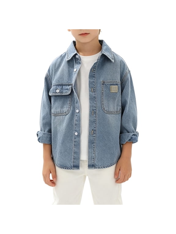 Coerni Boys Jean Jacket Light Washed Button Down Collar Denim Shirts Fashion Versatile Layering Outerwear Teen Spring Fall Denim Jacket