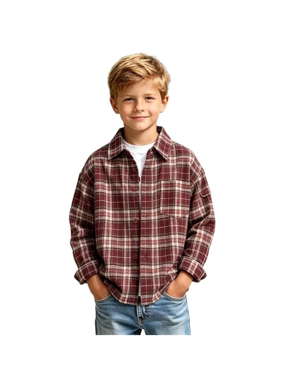 Coerni Boys Long Sleeve Plaid Shirt Button Down Collared Tops Soft Flannel Shirt Teen Trendy Versatile Spring Fall Clothes School Casual Daily