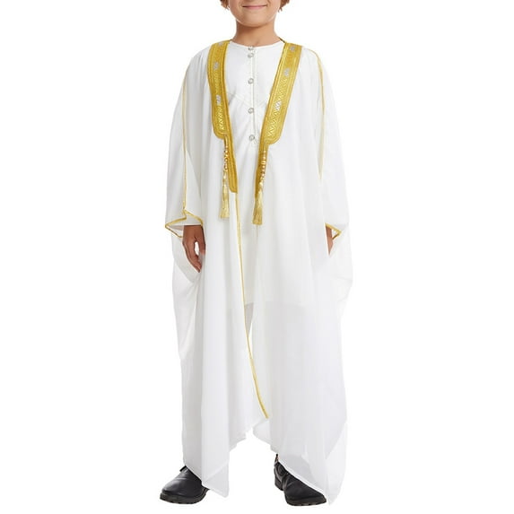 Coerni Boys Robe Isl𝐚mic Muslim Clothes K𝐢mono Loose Abaya Long Sleeve Embroidered Chiffon Kaftan Cardigan D𝐮bai Thobe