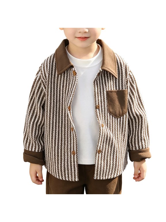 Coerni Boys Striped Shirt Jacket Button Down Long Sleeve Collar Coat Relaxed Fit Spring Autumn Casual Layering Outerwear