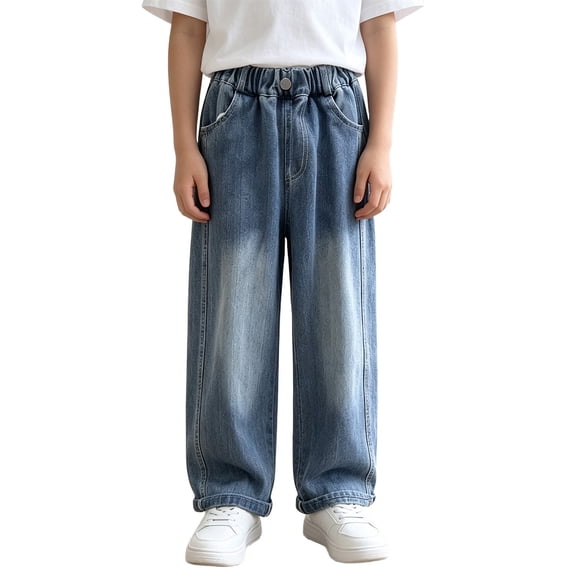 Coerni Boys Trendy Baggy Jeans Faded Gradient Wide‑Leg Pants Elastic Waist Casual Trousers Teen School Streetwear Jeans Straight-Leg
