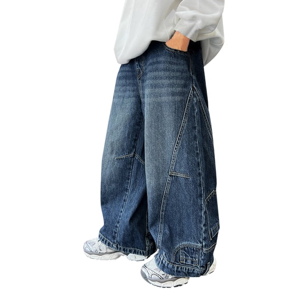 Coerni Boys Trendy Blue Jeans with Pockets Oversized Elastic Waist Straight Leg Jean Sweatpants Active Denim Pants