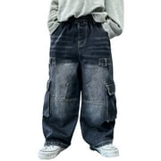 Coerni Boys Trendy Dark Blue Cargo Jeans Oversized Baggy Distressed Wash Denim Pants Elastic Waist Active Sweatpants