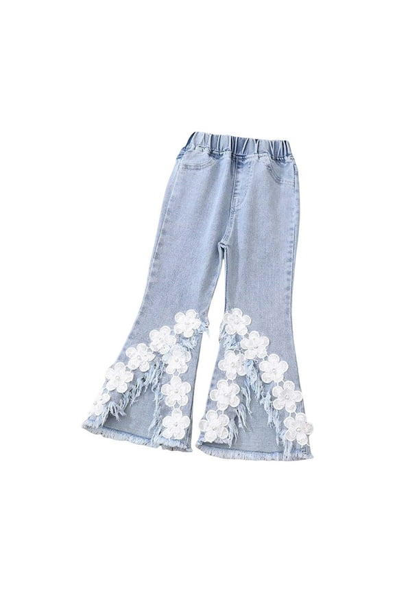 Coerni Casual Pants Kids Toddler Girls Flower Pattern Denim Flare Pants Tassel Hem Elastic Waist Slim Jean Summer Fashion Trousers