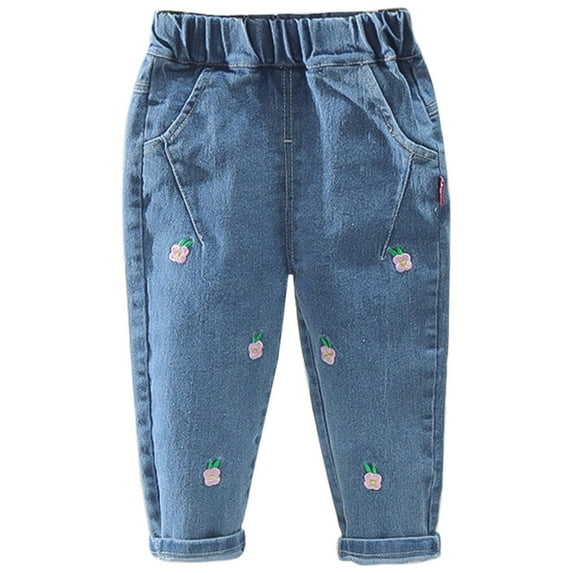 Coerni Casual Pants Toddler Baby Girls Flower Embroidered Denim Pants Elastic Waist Jean Pants Summer Fashion Casual Trousers