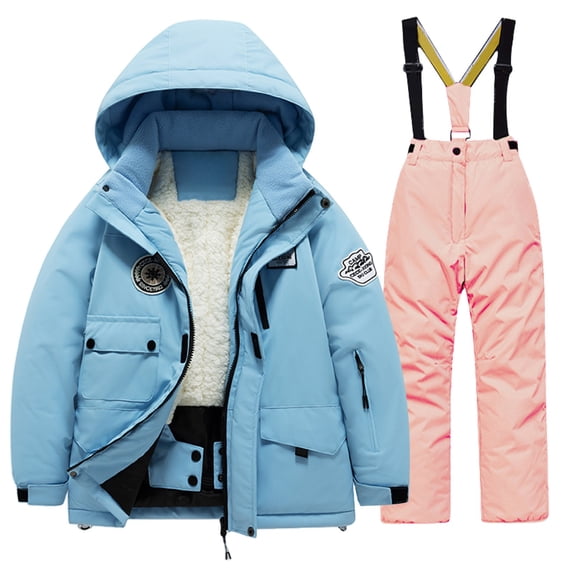 Coerni Childs Thick Fleece Snowsuit Sets Long Sleeve Windproof Warm Hooded Outerwear with Ski Bib Pants 2Pcs Outfits
