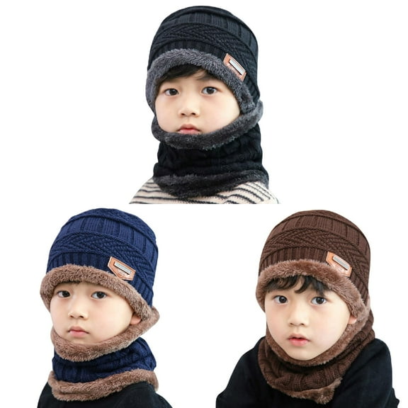 Coerni Contrast Colors Knitted Warm Winter Hats for Kid Hat Scarf Two Piece Set Youth Stocking Caps