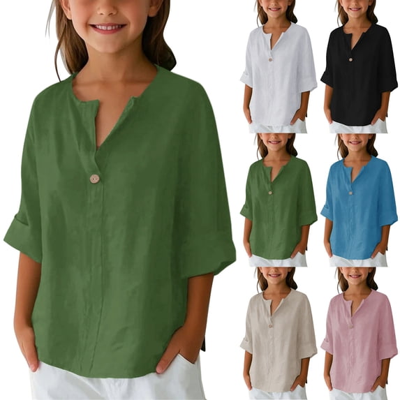 Coerni Cotton Linen Blouse for Girls Aesthetic Shirts Long Sleeve V Neck Plain Kids Summer Fashion Tops Breathable Loose