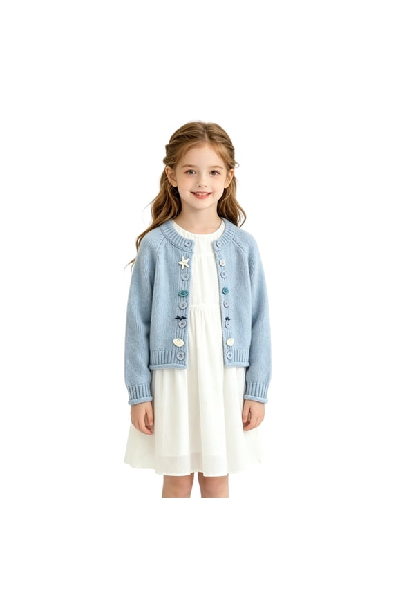 Coerni Cute Cardigan for Girls Shell Starfish Button Long Sleeve Crewneck Knit Outerwear Kids Spring Fall Preppy Sweaters Blue