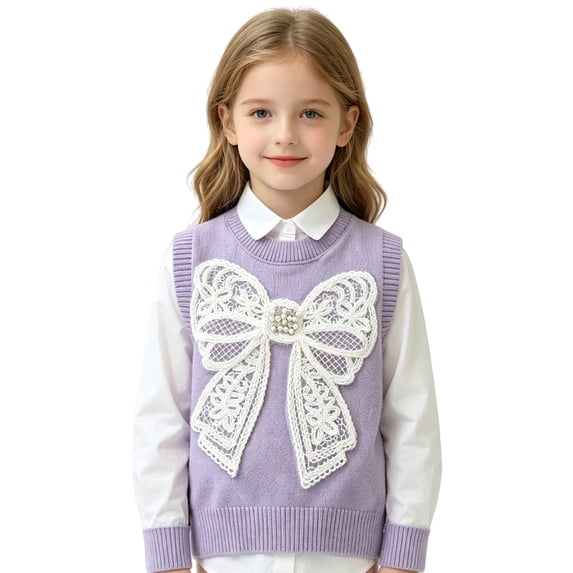 Coerni Cute Sweet Sweater Vest for Girls Oversized Lace Bow Sleeveless Crewneck Sweater Tank Fall Winter Layering Knit Tops School & Daily Wear
