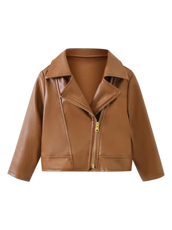 Coerni Faux Leather Jackets for Girl Trendy Vintage Lapel Bomber Jacket Asymmetrical Zip Up Toddler Baby Fall Winter Cropped Outerwear
