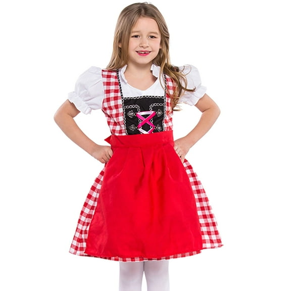 Coerni German Dirndl Dress Clothess for Girls Kids Bavarian Oktoberfest Halloween Carnival Short Puff Sleeve Child's Dress