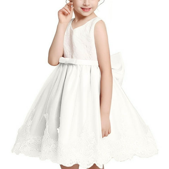 Coerni Girl Lace Wedding Dress for Kids Bridesmaid Sleeveless Embroidery Pageant Party Formal Tulle Bow Princess Gown