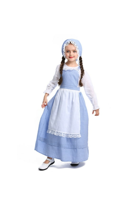 Coerni Girl Princess Dress Colonial Prairie Blue Pioneer Dress Long Sleeve Carnival Halloween Set with Apron Hat for Kids