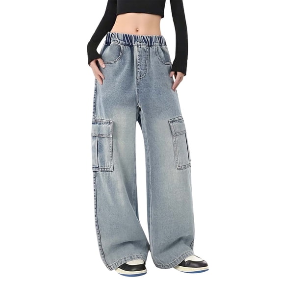Coerni Girl's Elastic Waist Jean Cargo Pants Baggy Wide Leg Flap Pocket Denim Pants Girls Barrel Leg Jeans for Kids Softball Clothes