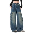 thumbnail image 1 of Coerni Girl's Elastic Waist Jean Cargo Pants Baggy Wide Leg Flap Pocket Denim Pants Girls Barrel Leg Jeans for Kids Softball Clothes, 1 of 5