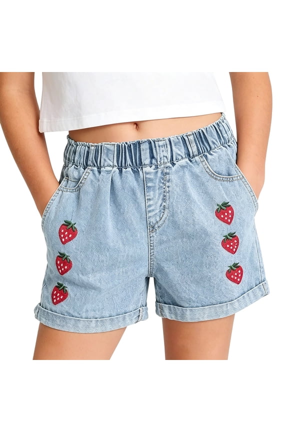 Coerni Girl's Jean Shorts Cute Trendy Fashion Ripped Denim Shorts High Waist Straight Leg Girlfriend Clothes Heart Embroidery Jorts