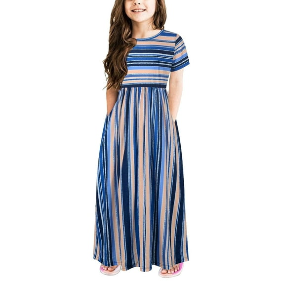 Coerni Girl's Short Sleeve Stripe Casual Long Maxi Dress Toddler Kids Summer Loose Dresses with Pockets 2 to 12 Years