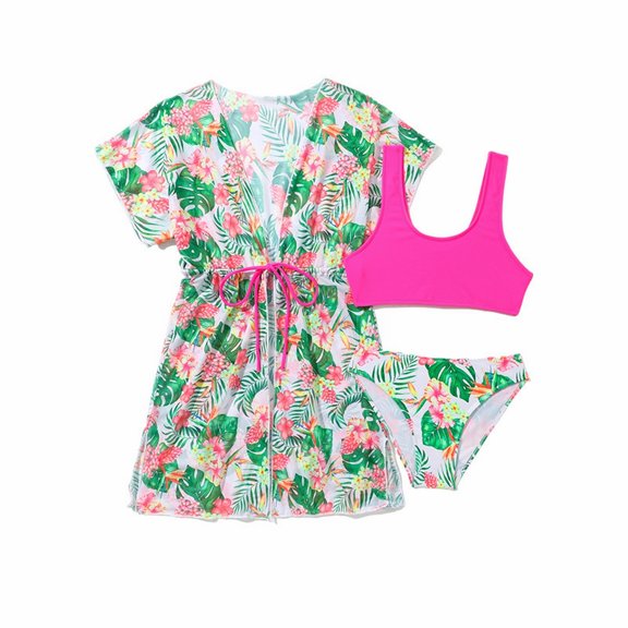 Coerni Girls 3 Piece Swimsuit Hawaiian UPF 50+ Rash Guard Robe and Bikini Bathing Suits with Shorts Teen Floral Swimwear