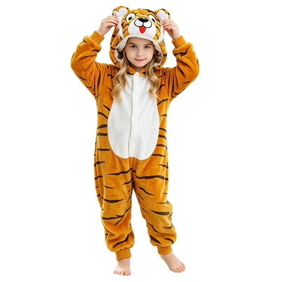 Coerni Girls Animal Onesie Soft Fleece Hooded Romper Cute Cartoon Bear/Panda/Tiger/Penguin Kids Fall Winter Warm Bodysuit Halloween Dress Up