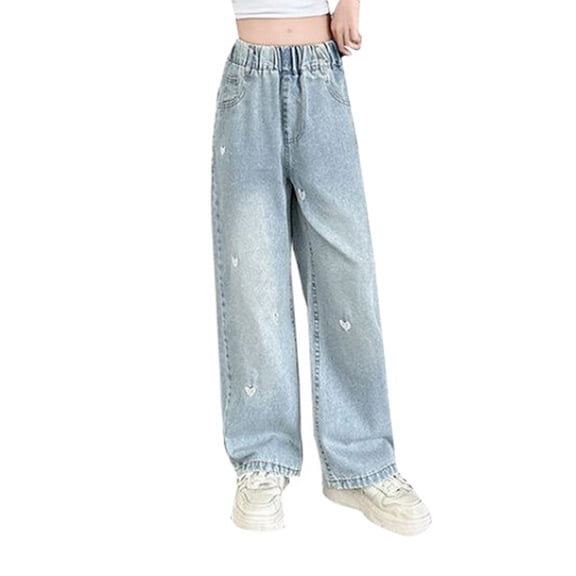 Coerni Girls Baggy Jeans High Elasticated Waist Leg Trousers Teens Trendy School Denim Jeans Pants Bow Embroidery Softball Pants