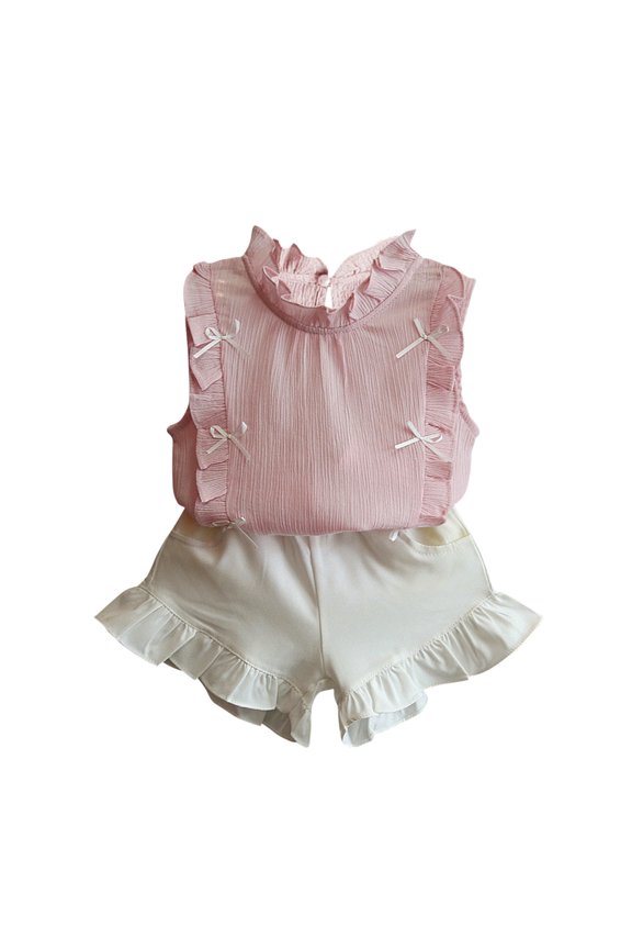 Coerni Girls Bow Ruffle Suits Baby Sleeveless Shorts 2 Piece Suit Outfits for Teens Toddler Elastic Shorts Sets Summer Clothes