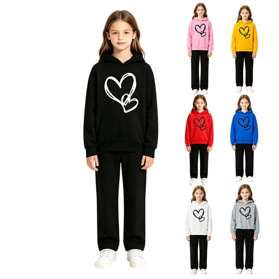 Coerni Girls Boys Graphic 2 Piece Outfits Heart Print Pullover Hoodie Sweatpants Fleece Sweatsuit Fall Winter Clothing Set Tracksuit